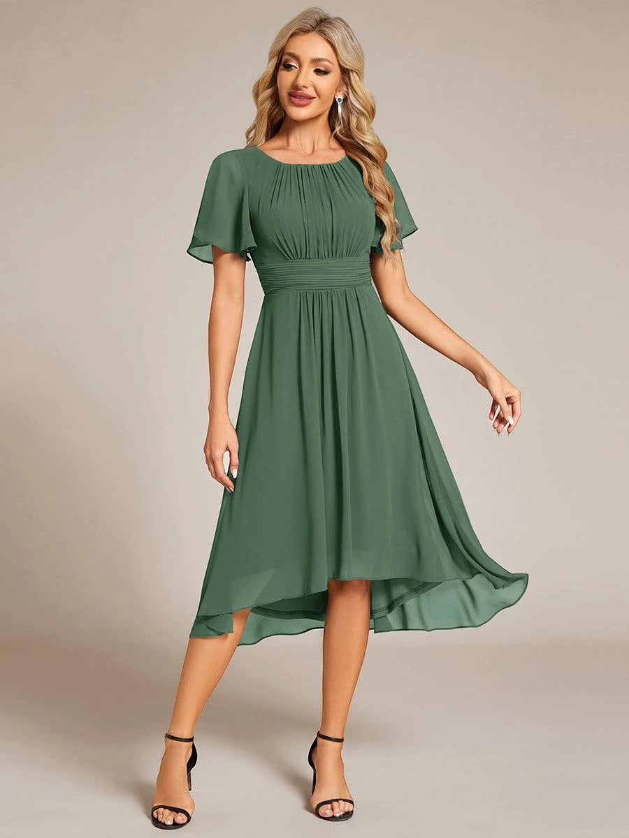 Women's Elegant Flowy Midi Wedding Guest Dress with Flutter Sleeves