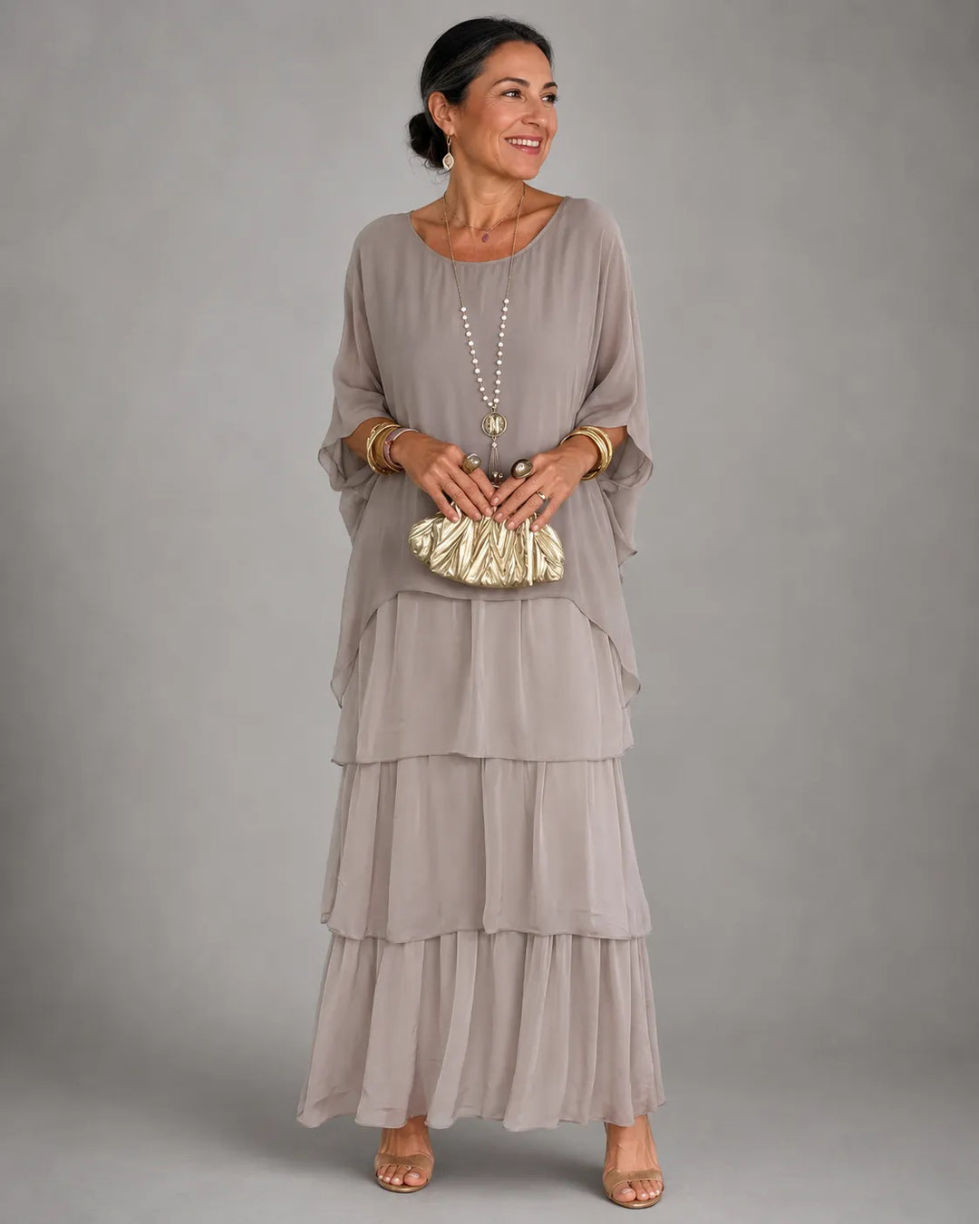 Women's Elegant Flowy Maxi Wedding Guest Dress with Ruffle