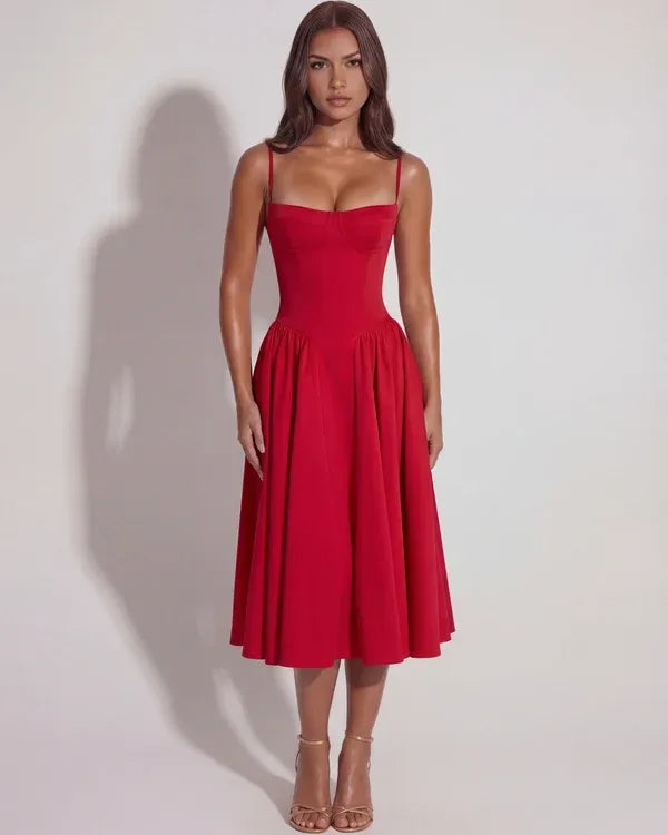 Women's Elegant Flowy Midi Wedding Guest Dress with Sweetheart Neckline