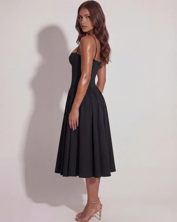 Women's Elegant Flowy Midi Wedding Guest Dress with Sweetheart Neckline