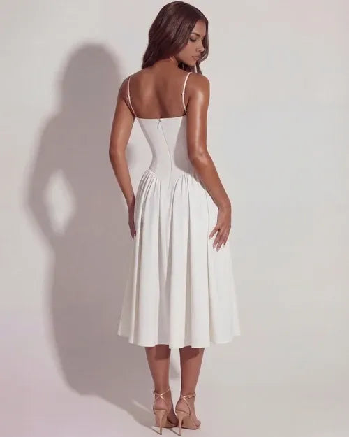 Women's Elegant Flowy Midi Wedding Guest Dress with Sweetheart Neckline