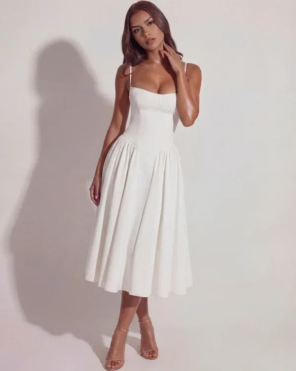 Women's Elegant Flowy Midi Wedding Guest Dress with Sweetheart Neckline