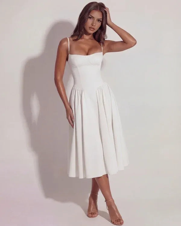 Women's Elegant Flowy Midi Wedding Guest Dress with Sweetheart Neckline