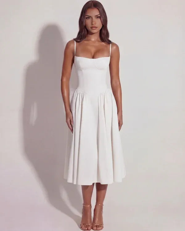 Women's Elegant Flowy Midi Wedding Guest Dress with Sweetheart Neckline