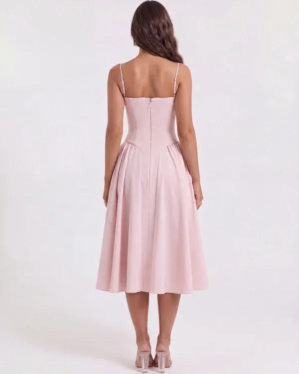 Women's Elegant Flowy Midi Wedding Guest Dress with Sweetheart Neckline
