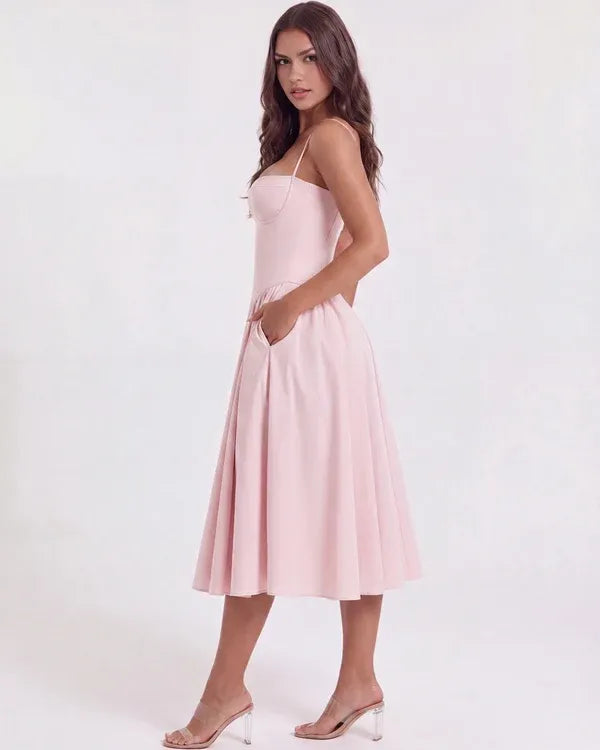 Women's Elegant Flowy Midi Wedding Guest Dress with Sweetheart Neckline