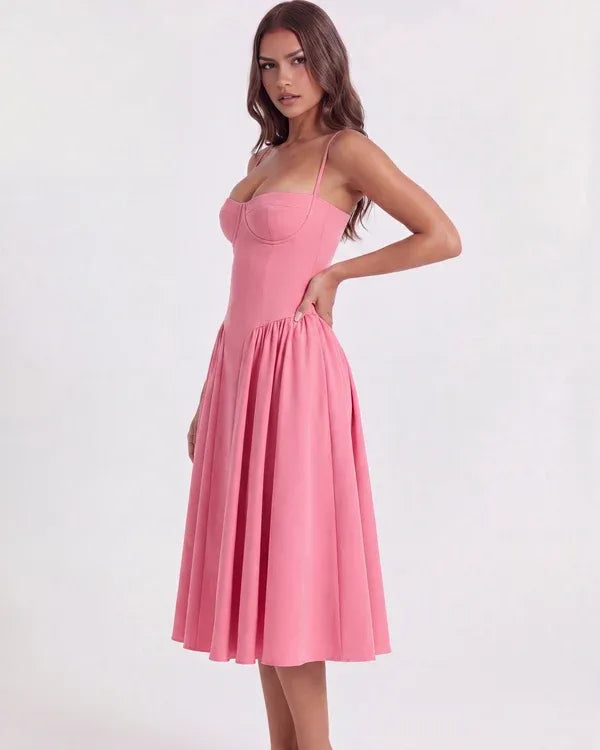Women's Elegant Flowy Midi Wedding Guest Dress with Sweetheart Neckline