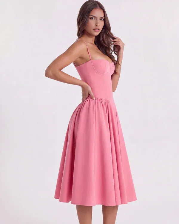Women's Elegant Flowy Midi Wedding Guest Dress with Sweetheart Neckline