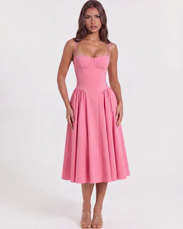 Women's Elegant Flowy Midi Wedding Guest Dress with Sweetheart Neckline