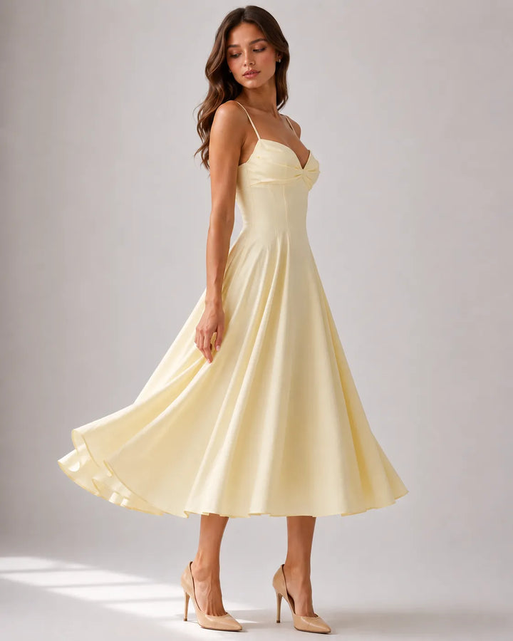 Women's Elegant Flowy Midi Wedding Guest Dress with Sweetheart Neckline