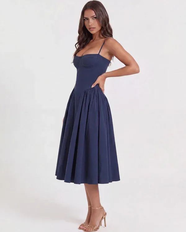 Women's Elegant Flowy Midi Wedding Guest Dress with Sweetheart Neckline