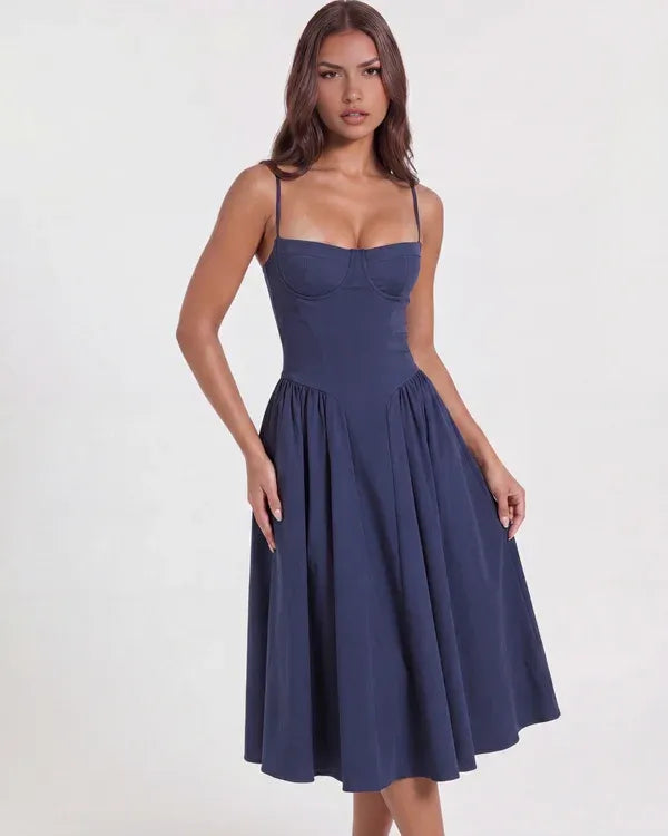 Women's Elegant Flowy Midi Wedding Guest Dress with Sweetheart Neckline