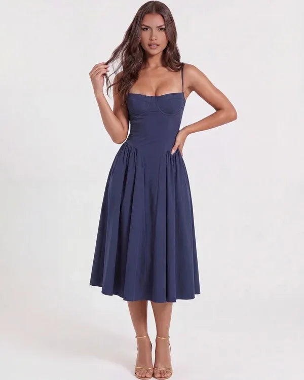 Women's Elegant Flowy Midi Wedding Guest Dress with Sweetheart Neckline