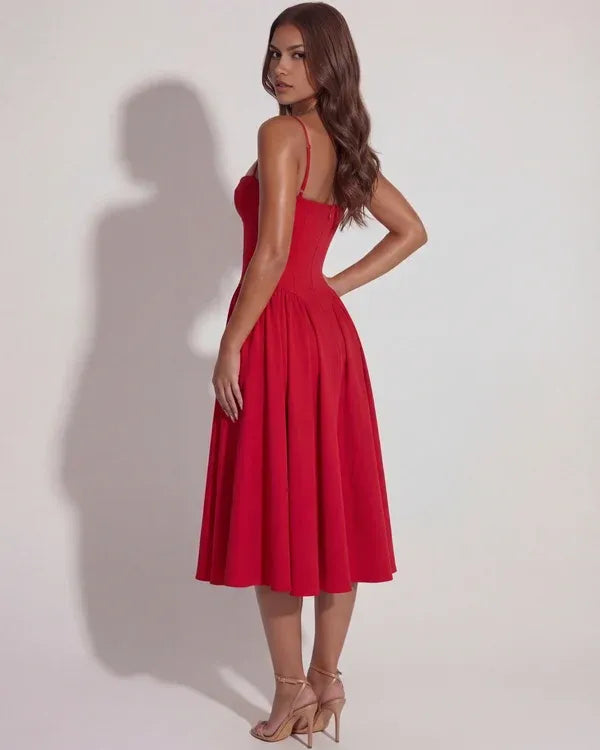 Women's Elegant Flowy Midi Wedding Guest Dress with Sweetheart Neckline
