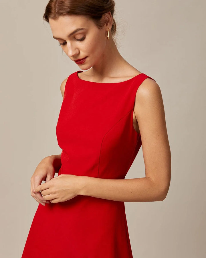 Women's Elegant Flowy Mini Cocktail Dress with Boat Neck