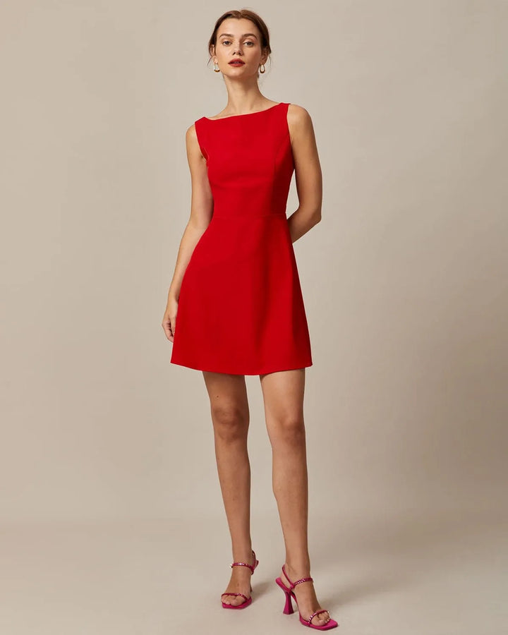 Women's Elegant Flowy Mini Cocktail Dress with Boat Neck