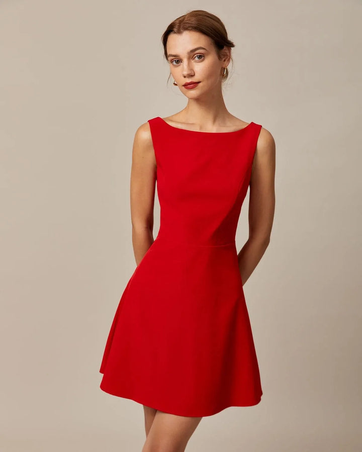 Women's Elegant Flowy Mini Cocktail Dress with Boat Neck