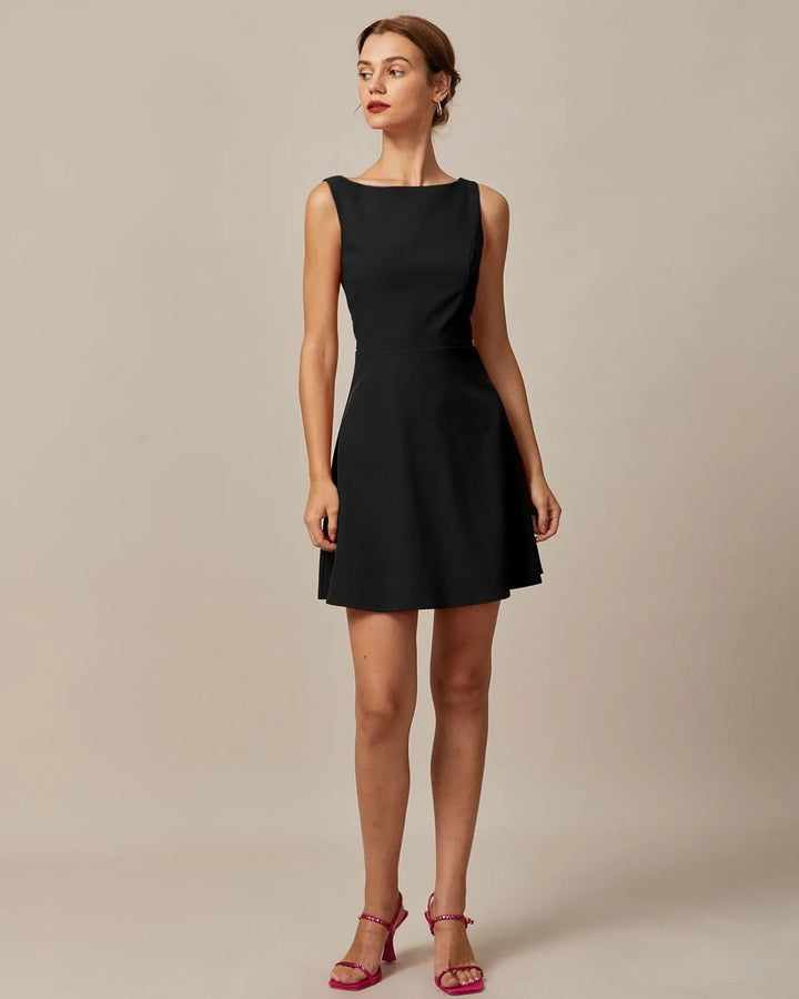 Women's Elegant Flowy Mini Cocktail Dress with Boat Neck