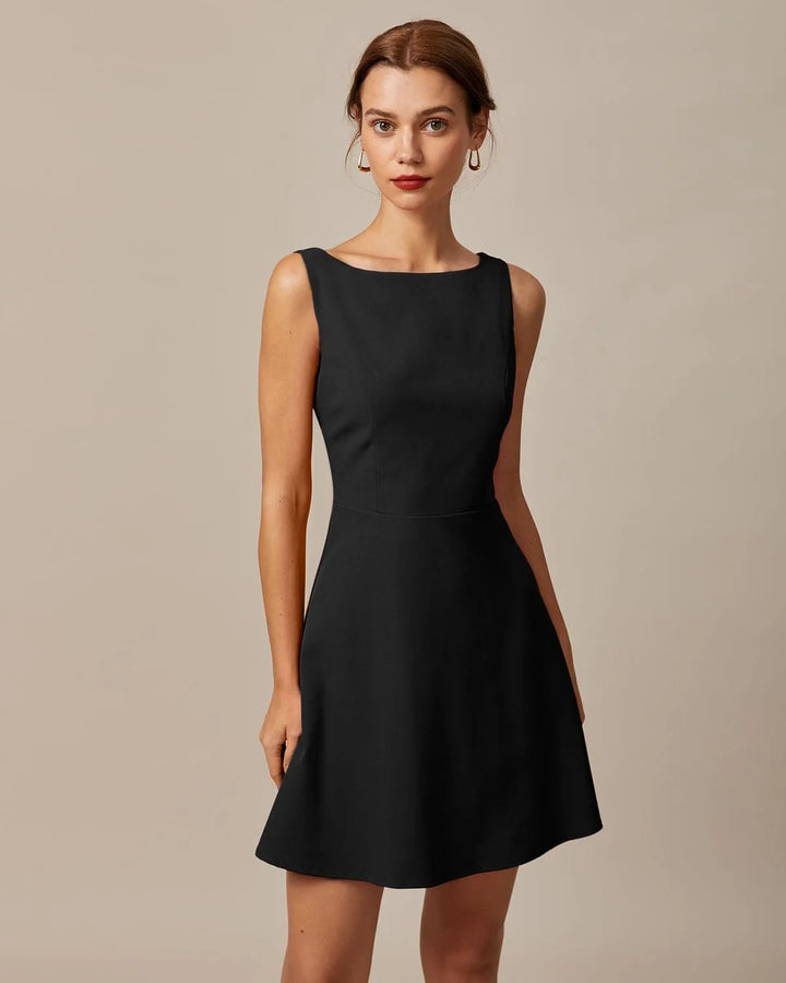 Women's Elegant Flowy Mini Cocktail Dress with Boat Neck