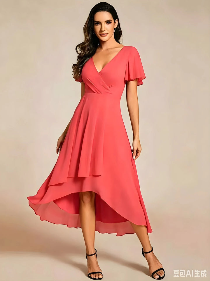 Women's Elegant Flowy Wedding Guest Dress with Flutter Sleeves