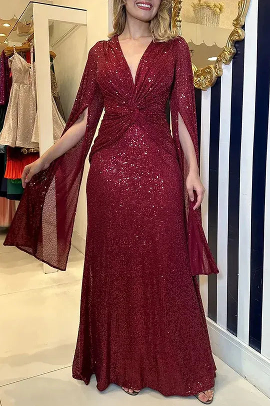 Women's Elegant Formal Maxi Cocktail Dress with Cape Sleeve