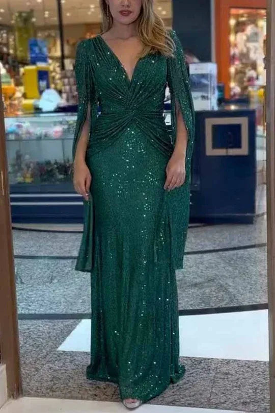 Women's Elegant Formal Maxi Cocktail Dress with Cape Sleeve