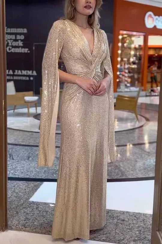 Women's Elegant Formal Maxi Cocktail Dress with Cape Sleeve