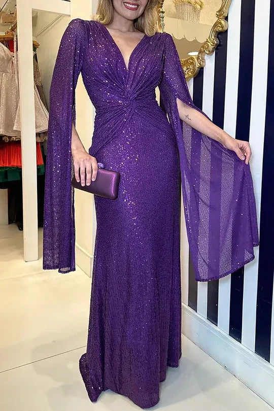 Women's Elegant Formal Maxi Cocktail Dress with Cape Sleeve