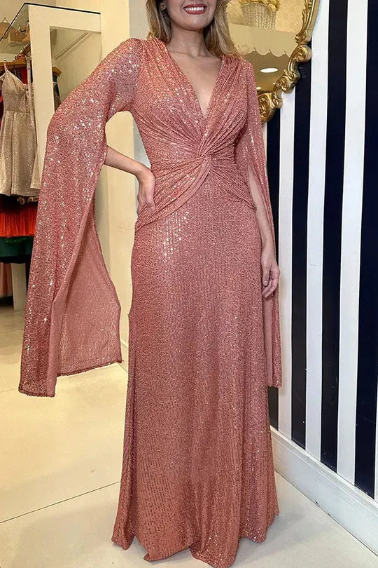 Women's Elegant Formal Maxi Cocktail Dress with Cape Sleeve