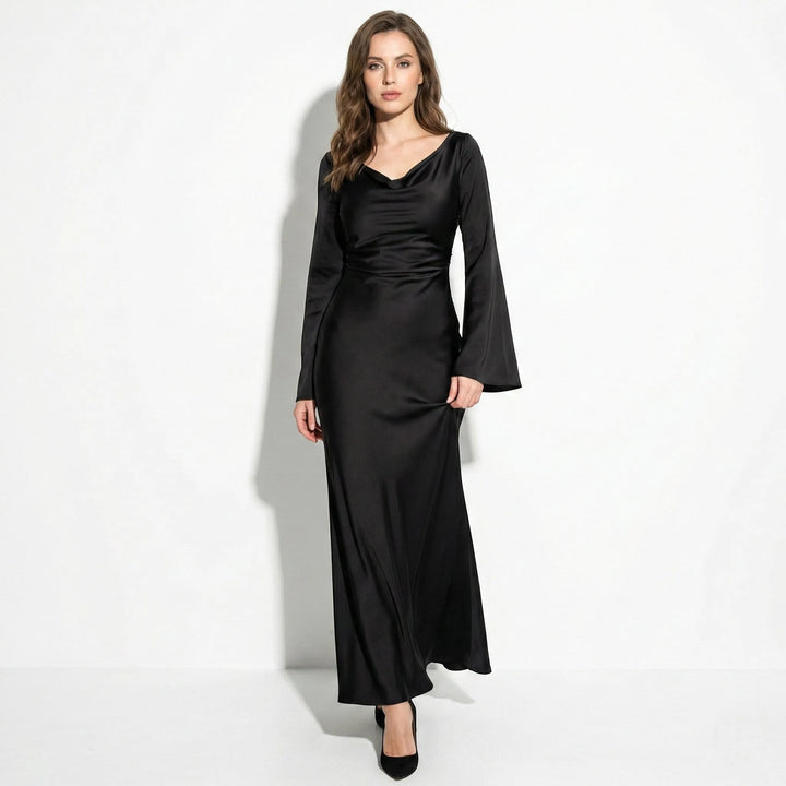 Women's Elegant Formal Maxi Wedding Guest Dress with Bell Sleeves