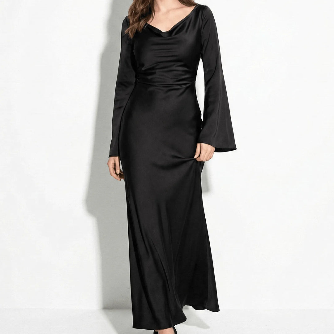 Women's Elegant Formal Maxi Wedding Guest Dress with Bell Sleeves