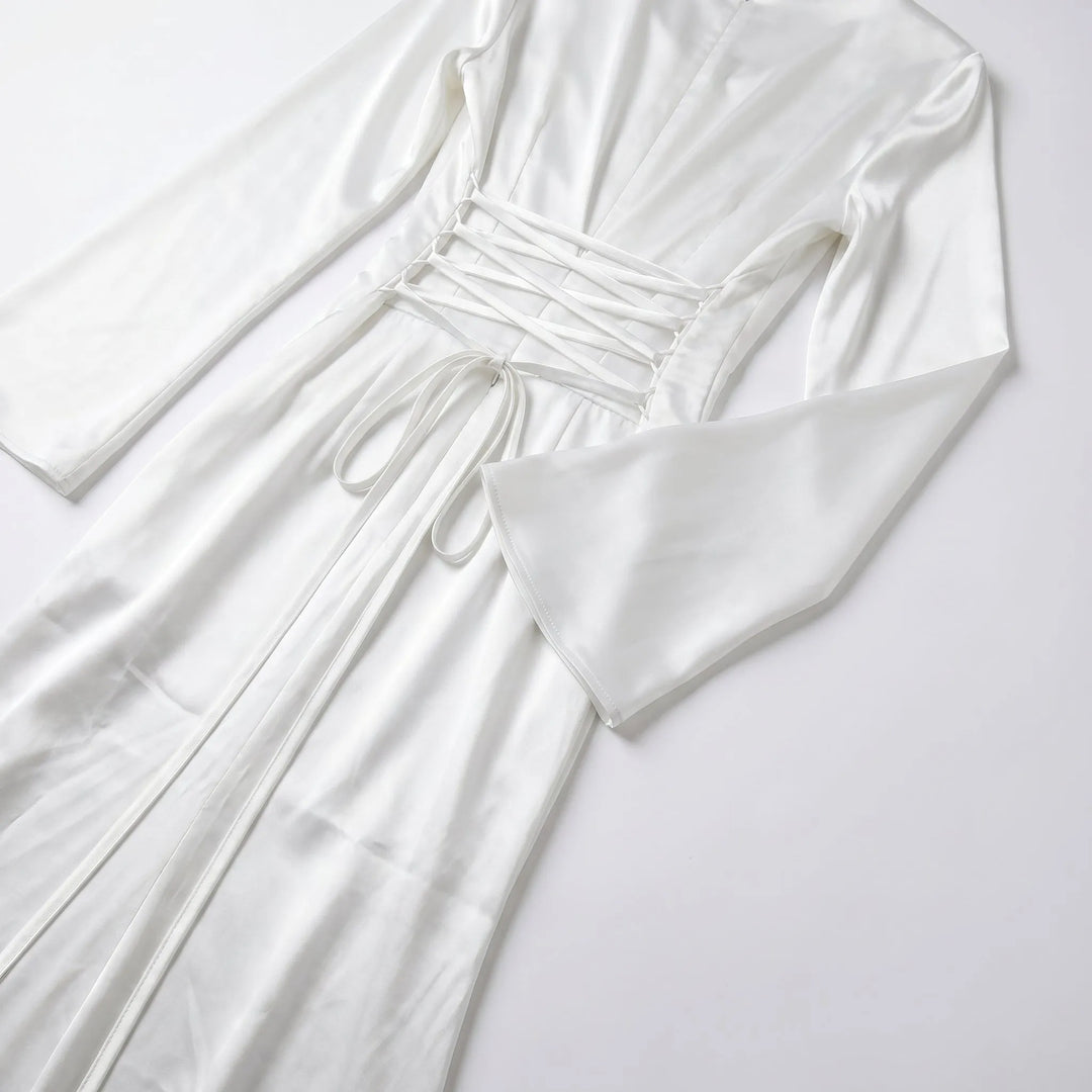Women's Elegant Formal Maxi Wedding Guest Dress with Bell Sleeves