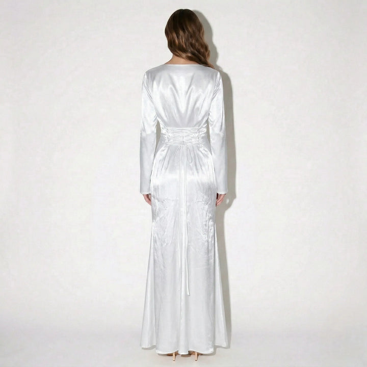 Women's Elegant Formal Maxi Wedding Guest Dress with Bell Sleeves
