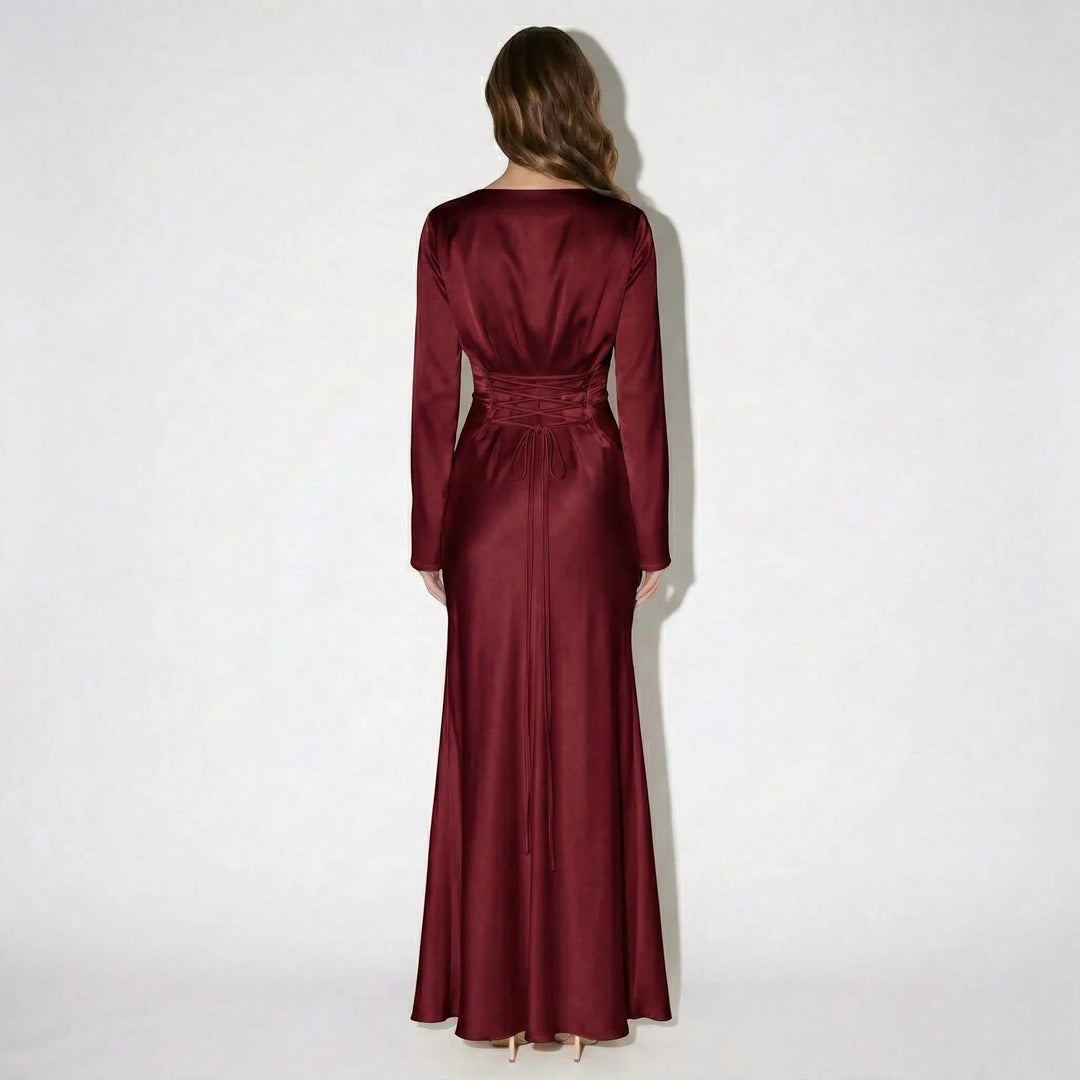 Women's Elegant Formal Maxi Wedding Guest Dress with Bell Sleeves