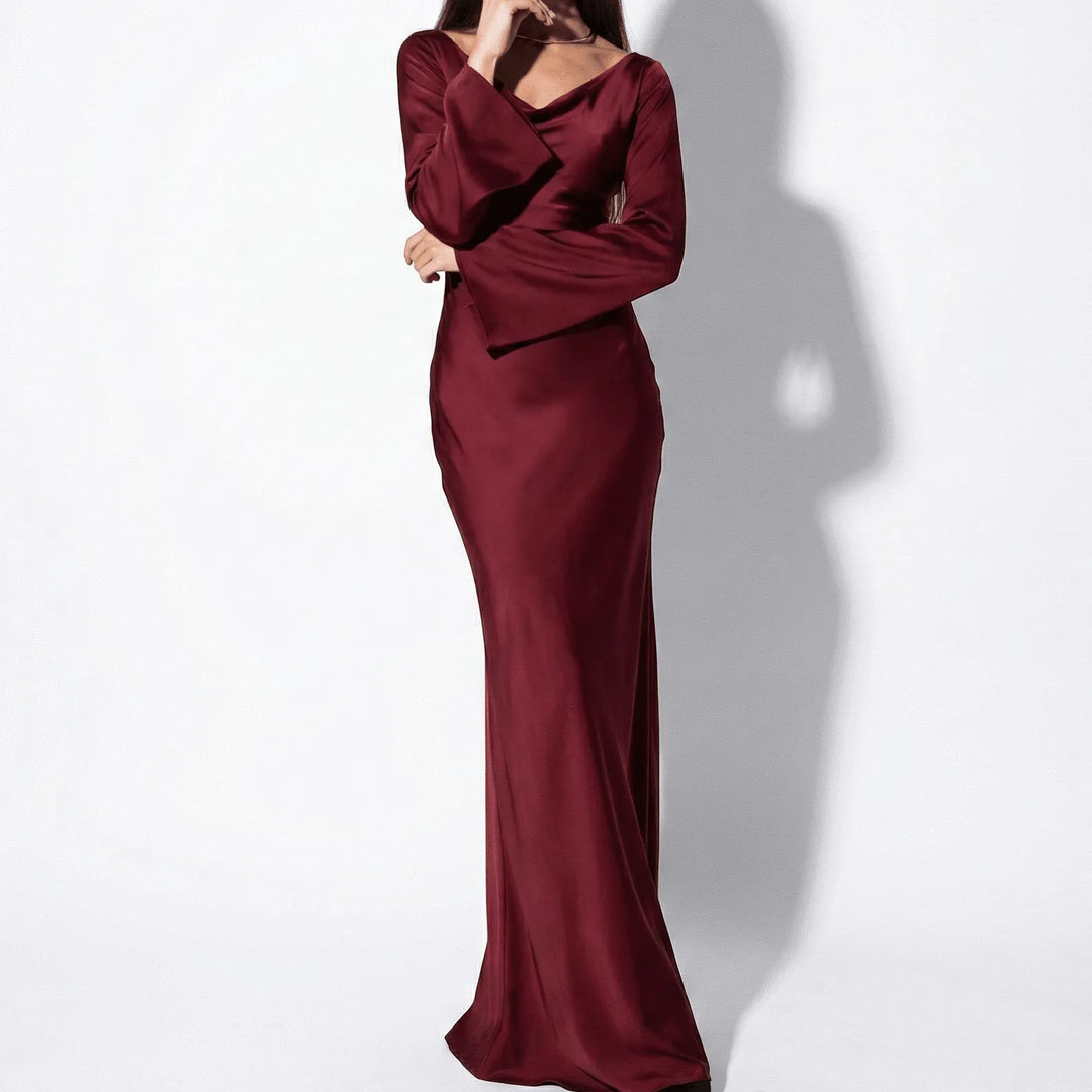 Women's Elegant Formal Maxi Wedding Guest Dress with Bell Sleeves