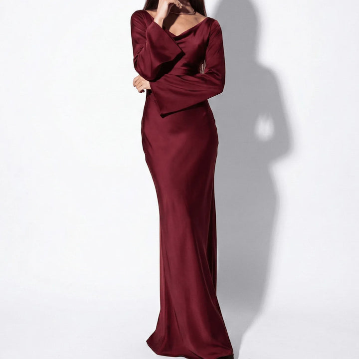 Women's Elegant Formal Maxi Wedding Guest Dress with Bell Sleeves