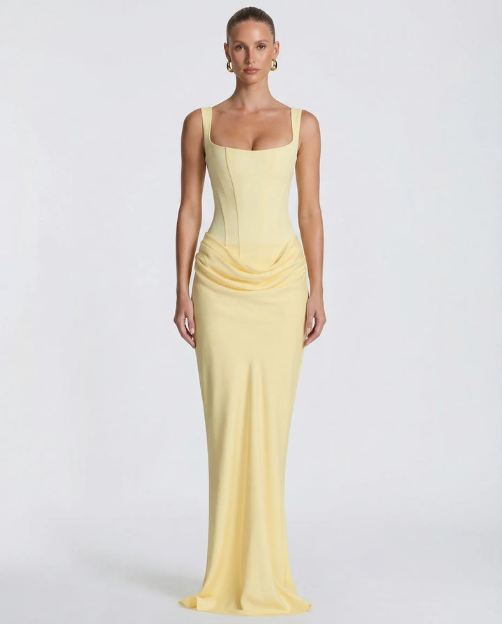 Women's Elegant Formal Maxi Wedding Guest Dress with Square Neck and Ruched