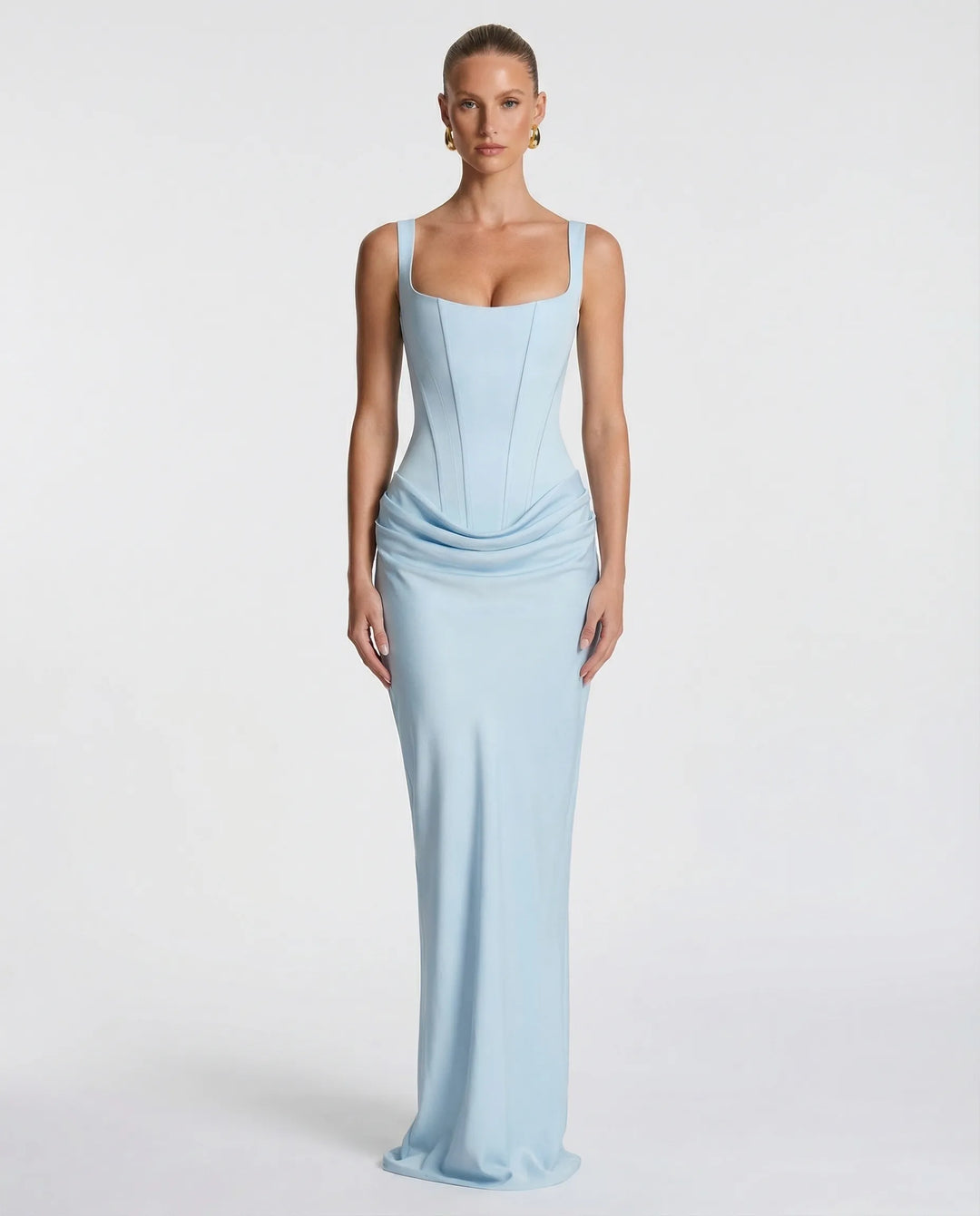 Women's Elegant Formal Maxi Wedding Guest Dress with Square Neck and Ruched