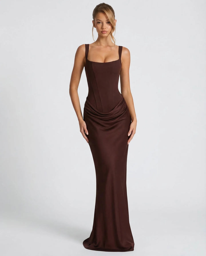 Women's Elegant Formal Maxi Wedding Guest Dress with Square Neck and Ruched