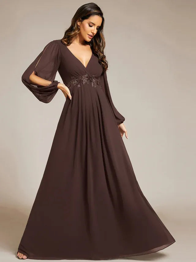 Women's Elegant Formal Maxi Wedding Guest Dress with V-Neck