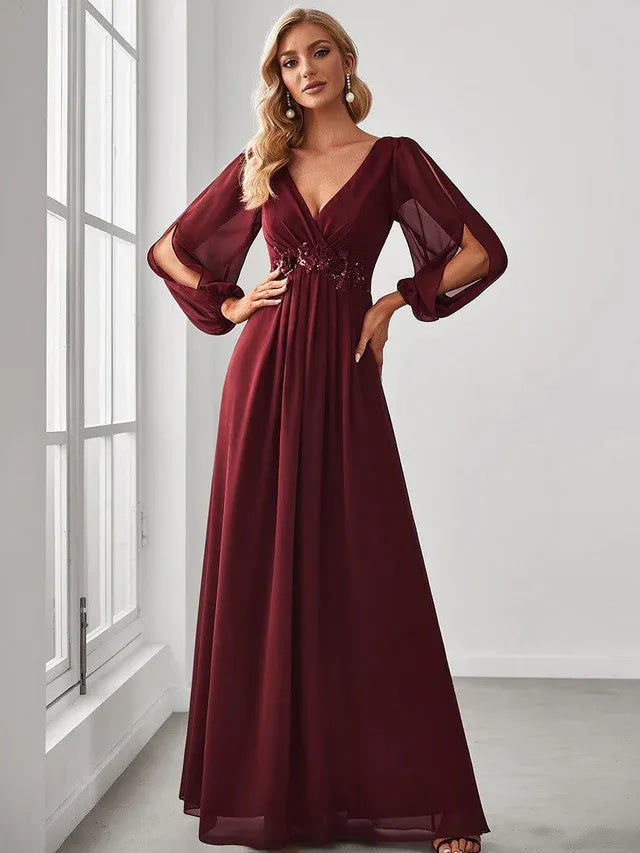 Women's Elegant Formal Maxi Wedding Guest Dress with V-Neck