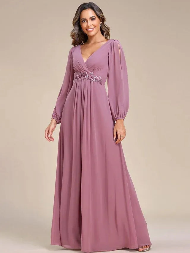 Women's Elegant Formal Maxi Wedding Guest Dress with V-Neck