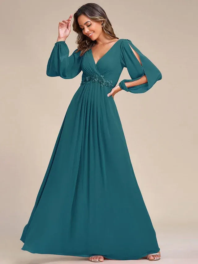 Women's Elegant Formal Maxi Wedding Guest Dress with V-Neck