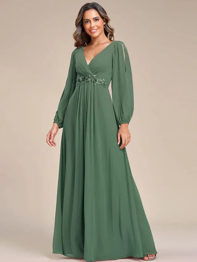Women's Elegant Formal Maxi Wedding Guest Dress with V-Neck