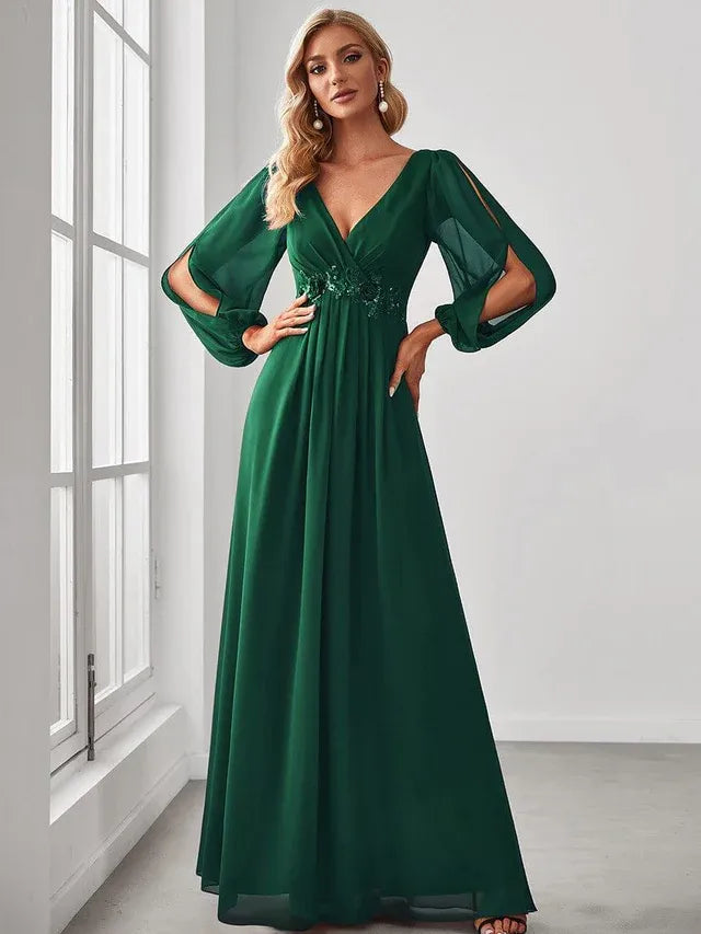Women's Elegant Formal Maxi Wedding Guest Dress with V-Neck