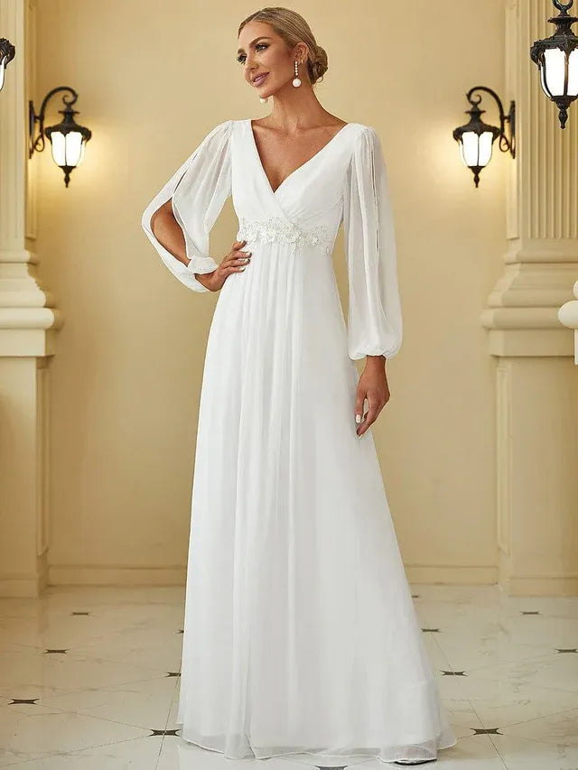 Women's Elegant Formal Maxi Wedding Guest Dress with V-Neck