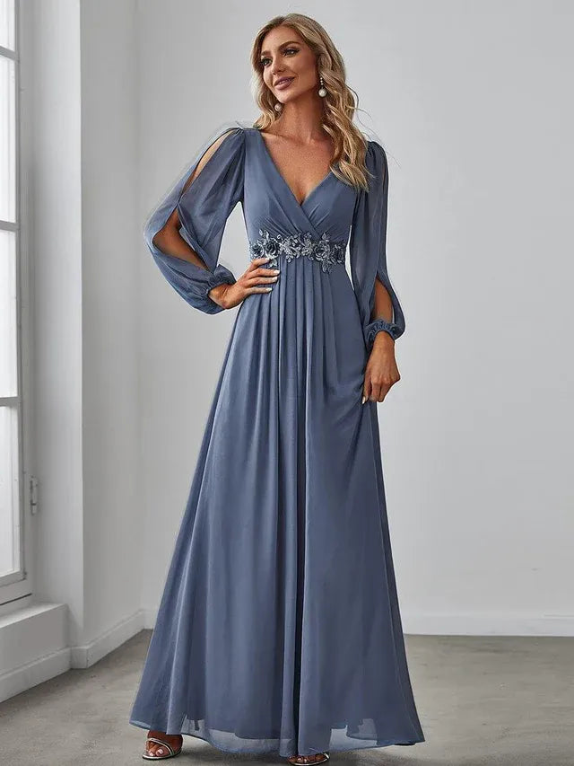 Women's Elegant Formal Maxi Wedding Guest Dress with V-Neck