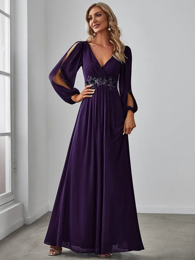 Women's Elegant Formal Maxi Wedding Guest Dress with V-Neck