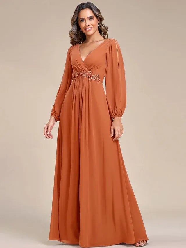 Women's Elegant Formal Maxi Wedding Guest Dress with V-Neck