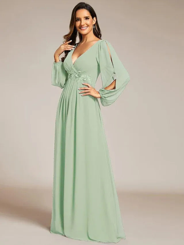 Women's Elegant Formal Maxi Wedding Guest Dress with V-Neck